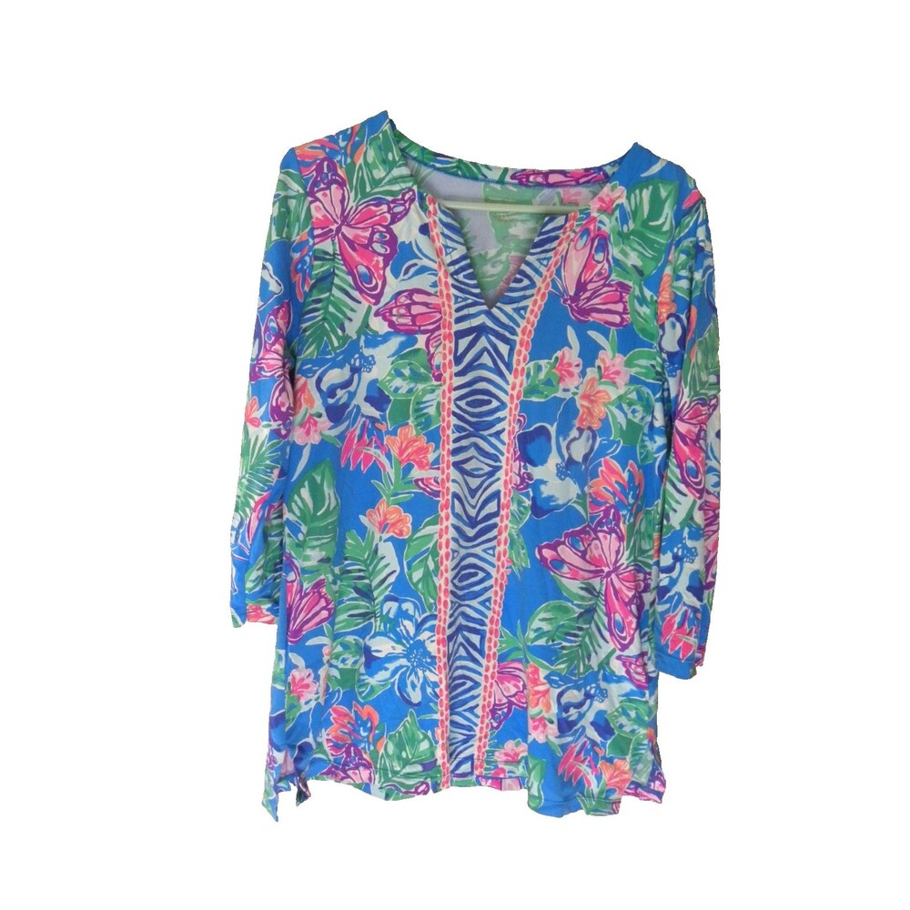 Womens Lily Pulitzer Tunic Top Medium Stretch Floral Tropical Resort Blue V Neck
